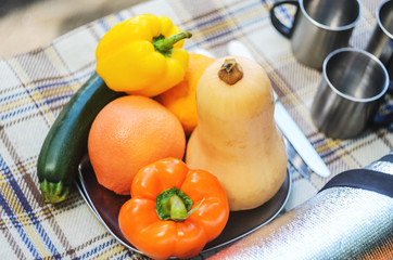 Outdoor still life of vegetables for grilling