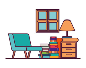 living room with couch and stack of books