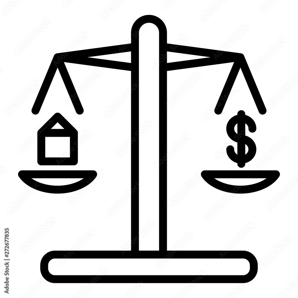 Poster scales with home and dollar icon. outline scales with home and dollar vector icon for web design iso