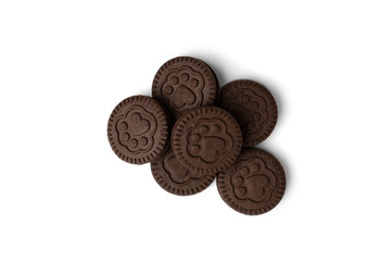Chocolate cookies with milk filling isolated on white background.