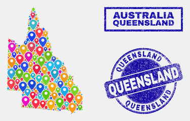 Vector colorful mosaic Australian Queensland map and grunge stamp seals. Flat Australian Queensland map is formed from scattered bright site symbols. Stamp seals are blue,