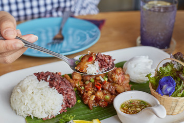 Hand holding spoon and scoop up rice or food from disk. Pork stir fried with oyster sauce served with rice berry, white rice in banana leaf above white disk. Top view. Close up and selective focused.