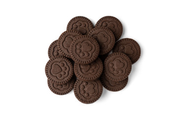 Chocolate cookies with milk filling isolated on white background.
