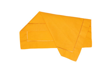Closeup of a yellow napkin or tablecloth isolated on white background. Kitchen accessories.