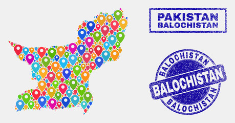 Vector bright mosaic Balochistan Province map and grunge stamps. Abstract Balochistan Province map is created from randomized bright geo symbols. Stamps are blue, with rectangle and round shapes.
