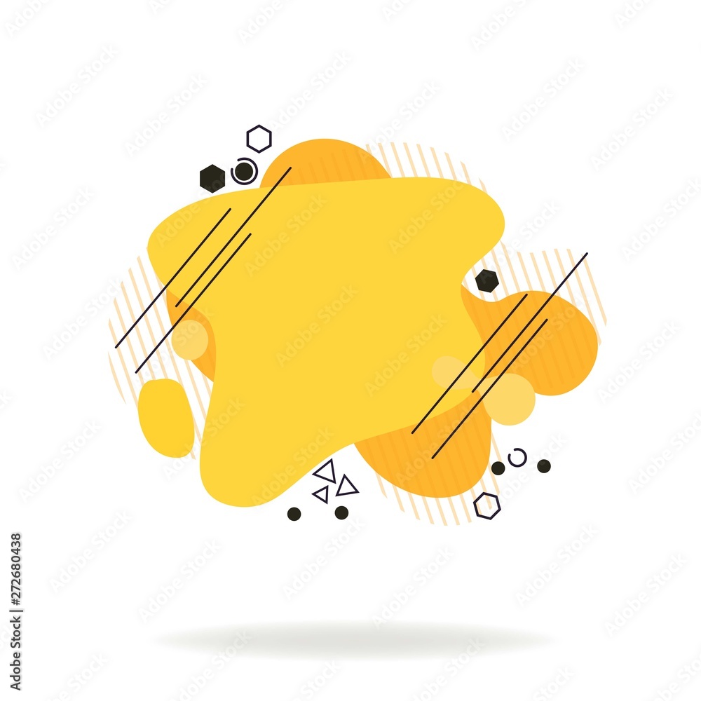 Poster Yellow flowing liquid abstract elements with lines and hatching. Dynamic graphic element. Trendy color fluid design. Template for minimal banner, presentation, logo. Vector illustration.