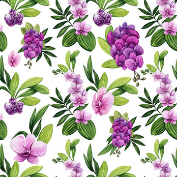 Seamless Pattern of Watercolor Orchid Flowers and Leaves