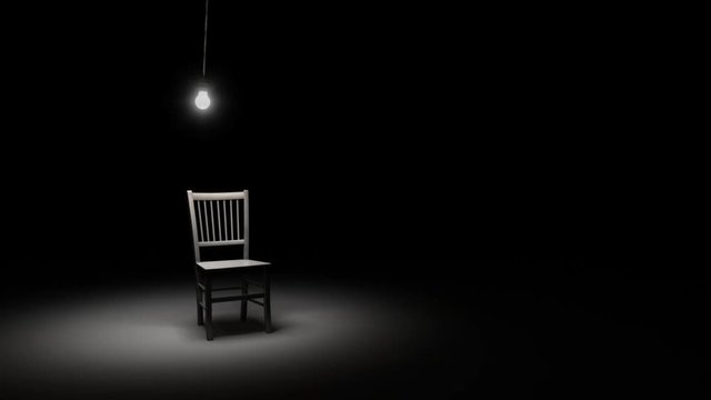 Animation of a single lightbulb over a metal chair in a dark black room