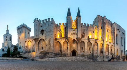Avignon. Provence. Panorama of the papal palace at night.