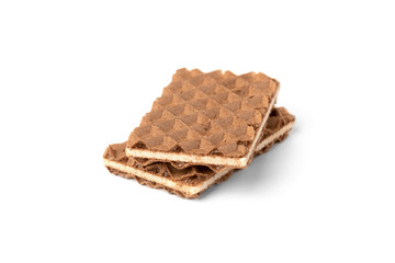Chocolate waffles with milk filling isolated on white background.