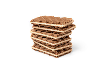 Chocolate waffles with milk filling isolated on white background.