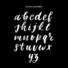 Trendy style distorted glitch typeface. Letters and numbers, vector.