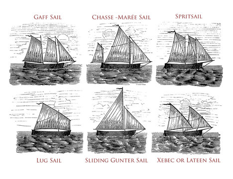 Sailboats with different kind of sail and sail displacement with regard to its shape in order to take the wind at the best angle and direction to gain speed