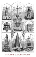 Typography: page representing different kind of lighthouses, beacons and lens details