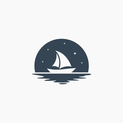 moon night sea sailboat vector logo design