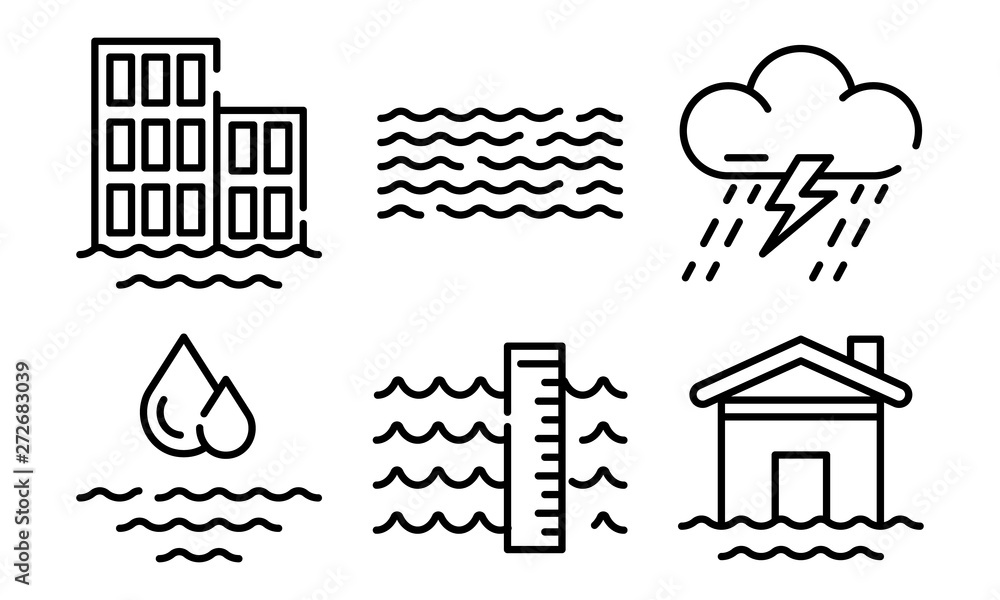 Poster flood icons set. outline set of flood vector icons for web design isolated on white background