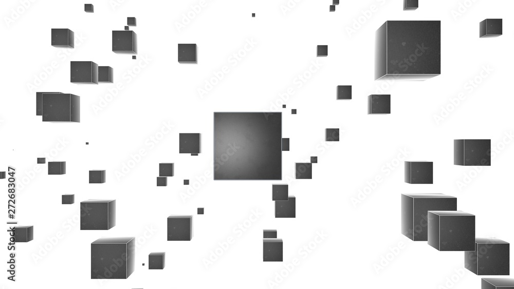 Poster 3d rendering of many cubes in space, the cubes scatter after the explosion and are randomly arranged