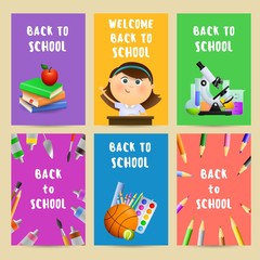 Back to school flyers with chemical flasks, microscope, student girl, books and paints. Set of posters with school supplies and text. Vector illustration can be used for banners, cards, ads, signs