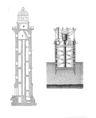 Vintage illustration of the detail of a lighthouse construction and foot, 19th century