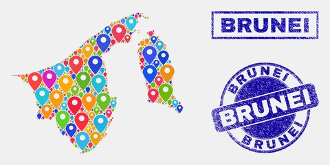 Vector bright mosaic Brunei map and grunge seals. Abstract Brunei map is composed from randomized bright map pointers. Stamp seals are blue, with rectangle and rounded shapes.