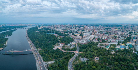 Aerial view of the new glass bridge in Kiev at night