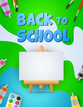 Back to school poster design. Artist easel, paints, paintbrush on colorful background. Vector illustration can be used for topics like artistic school, painting, art