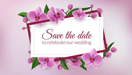Save the date geometric frame with pink orchid flower and green leaf. Vector illustration for wedding, tropical background or romantic design template - 272683617