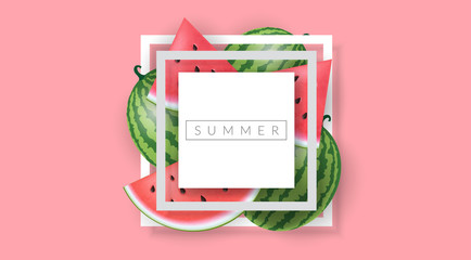 Simple geometric square frame with watermelon slice, for summer design. Vector illustration with pink background and fresh fruit, for summer template design or background