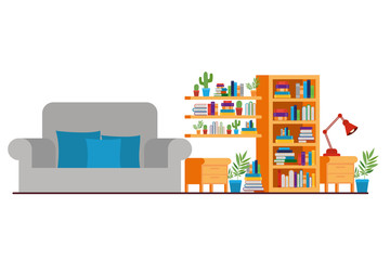 living room with couch and bookshelf of books