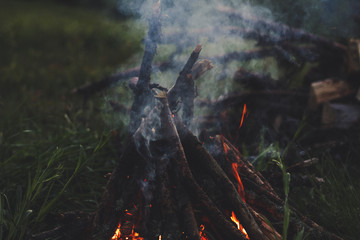 Picnic in the mountains. Travels and fires. Atmosphere of comfort. Tourism in the Carpathian...
