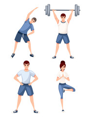 Fototapeta na wymiar Set of people in sportswear doing fitness and strength exercising. Cartoon character design. Flat vector illustration