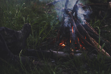 Picnic in the mountains. Travels and fires. Atmosphere of comfort. Tourism in the Carpathian Mountains