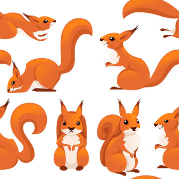 Seamless pattern of cute cartoon squirrel. Funny little brown squirrel collection. Emotion little animal. Cartoon animal character design. Flat vector illustration on white background