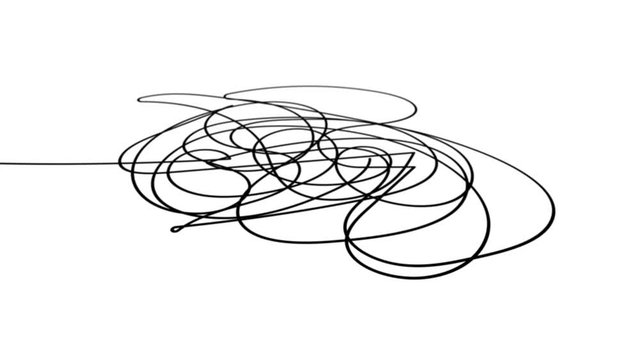 Hand drawn tangle scrawl sketch or black line spherical abstract scribble shape. Tangled chaotic doodle circle drawing circles or thread clew knot. 4K FullHD and HD render footage animation