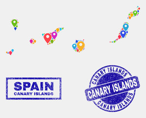 Vector bright mosaic Canary Islands map and grunge stamp seals. Abstract Canary Islands map is created from randomized bright site locations. Stamp seals are blue, with rectangle and rounded shapes.