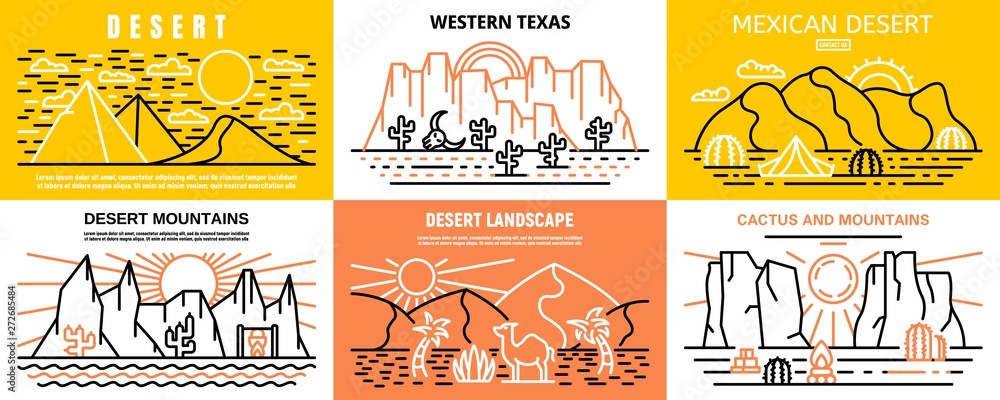 Poster desert banner set. outline set of desert vector banner for web design