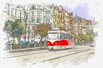 Watercolor sketch or illustration of a traditional old-fashioned tram on a street in Prague in the Czech Republic.