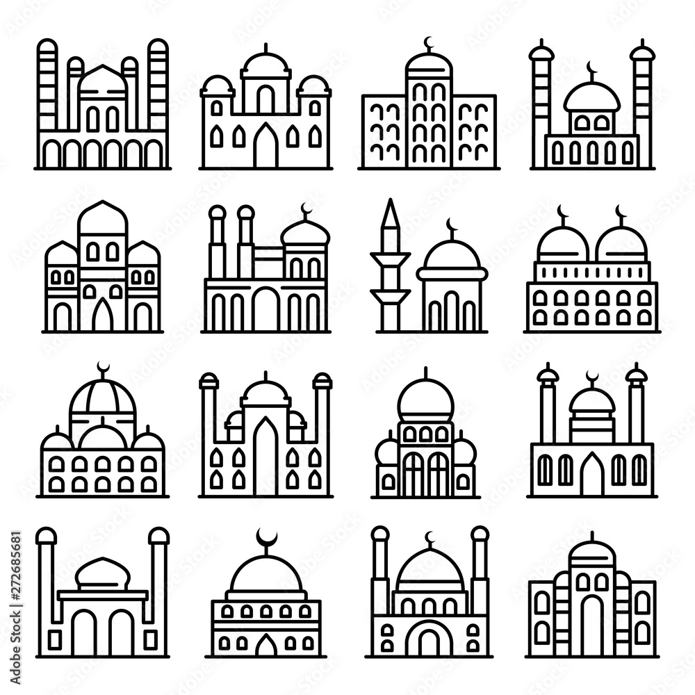 Aufkleber mosque icons set. outline set of mosque vector icons for web design isolated on white background