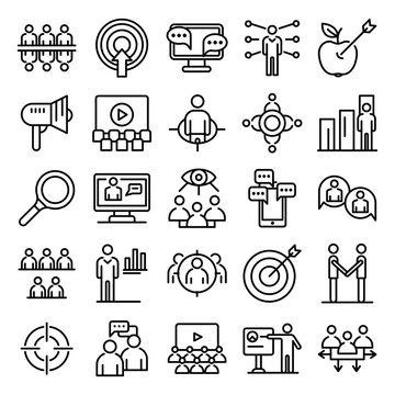 Audience icons set. Outline set of audience vector icons for web design isolated on white background