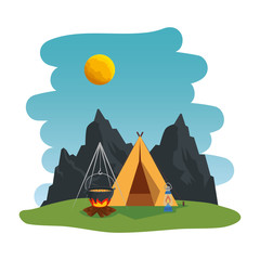 camping zone with camping tent and campfire scene