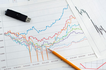 Desktop with financial documents and charts for business