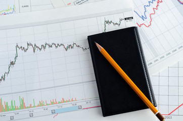 Desktop with financial documents and charts for business