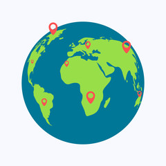 Planet earth with red map pin on white background
