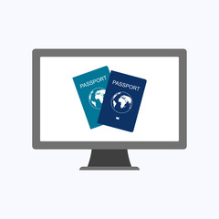 International passport with computer, business concept vector illustration