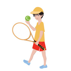 Cute boy with tennis racket and ball - isolated on white background - vector. School break. Summer time.