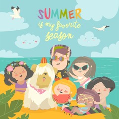 Summer travel. Happy kids traveling summer in exotic place and relax at sea