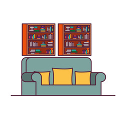 living room with couch and bookshelf of books