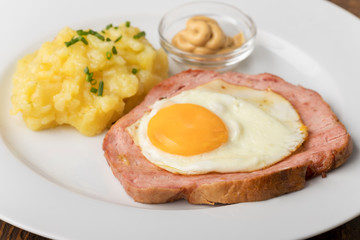 a typical bavarian snack the leberkaese with potato salad
