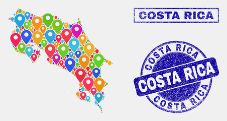 Naklejka premium Vector colorful mosaic Costa Rica map and grunge stamp seals. Abstract Costa Rica map is designed from scattered bright site pointers. Stamp seals are blue, with rectangle and round shapes.