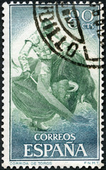 SPAIN - 1960: shows Spanish style bullfighting, corrida, Fighting with muleta